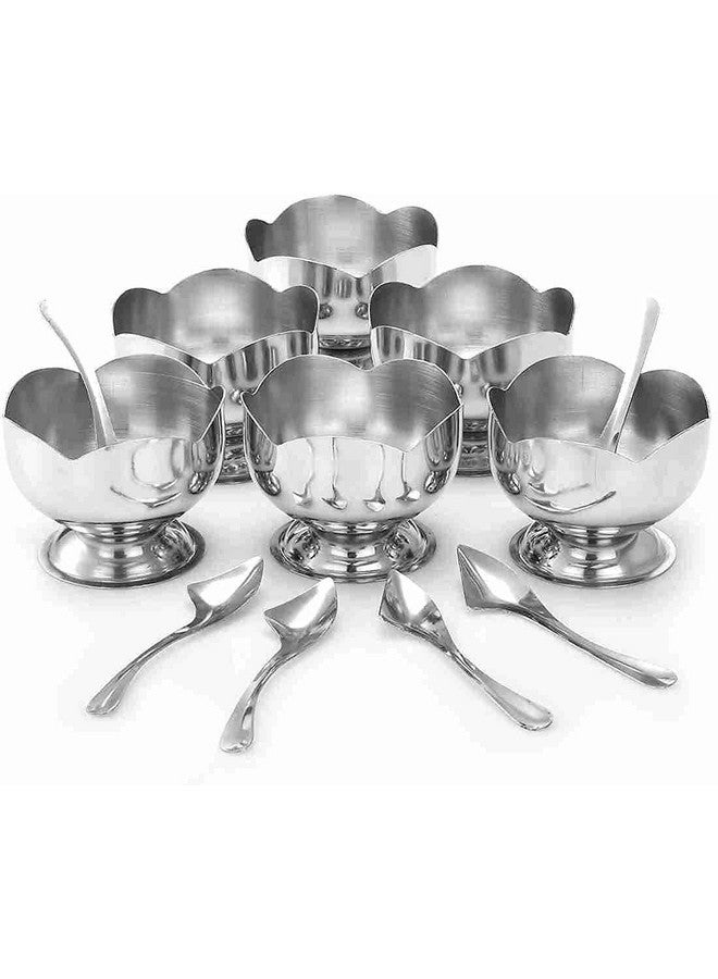 Dynore Dynore Stainless Steel Set of 12-6 Lotus Ice Cream Cup/Soup Bowl and 6 Ice Cream Spoon 