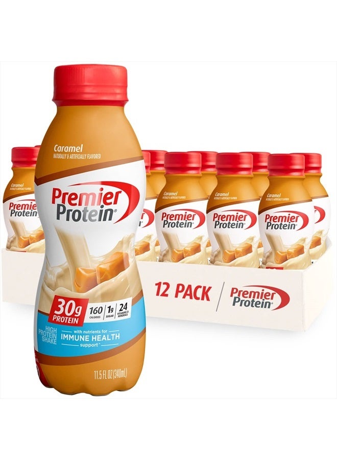 Premier Protein Liquid Protein Shake, Caramel, 30g Protein, 1g Sugar, 24 Vitamins & Minerals, Nutrients to Support Immune Health 11.5 fl oz Bottle (12 Pack) - Image 1