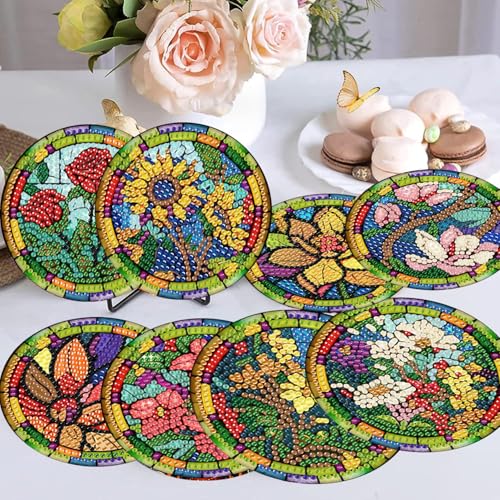 Meothan 8 Pcs Diamond Art Coasters Kits for Adults with Holder Cork Pads, Stained Glass Flowers Diamond Dots Art Painting Coasters Crafts Kit for Home Office Decor (4x4in) - Image 2