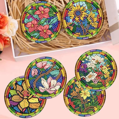 Meothan 8 Pcs Diamond Art Coasters Kits for Adults with Holder Cork Pads, Stained Glass Flowers Diamond Dots Art Painting Coasters Crafts Kit for Home Office Decor (4x4in) - Image 4