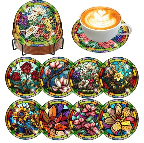 Meothan 8 Pcs Diamond Art Coasters Kits for Adults with Holder Cork Pads, Stained Glass Flowers Diamond Dots Art Painting Coasters Crafts Kit for Home Office Decor (4x4in) - Image 1