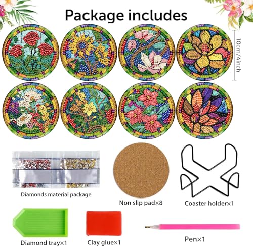 Meothan 8 Pcs Diamond Art Coasters Kits for Adults with Holder Cork Pads, Stained Glass Flowers Diamond Dots Art Painting Coasters Crafts Kit for Home Office Decor (4x4in) - Image 3