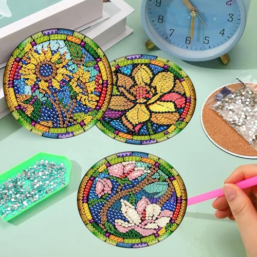 Meothan 8 Pcs Diamond Art Coasters Kits for Adults with Holder Cork Pads, Stained Glass Flowers Diamond Dots Art Painting Coasters Crafts Kit for Home Office Decor (4x4in) - Image 5