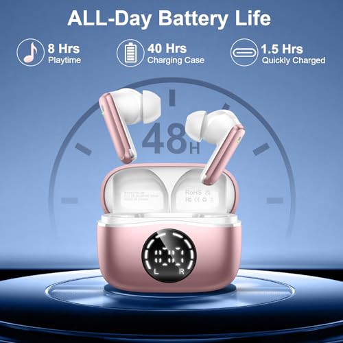 Motost Wireless Earbuds, Bluetooth Headphones 5.4 HiFi Stereo Ear buds with ENC Noise Cancelling Mics, 48H Bluetooth Earbuds with LED Display Charging Case, IP7 Waterproof Earphones for Android iOS, Rosegold - Image 4