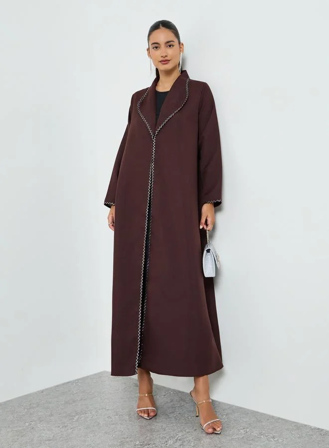 Brown Embroidered Trim A-Line Abaya