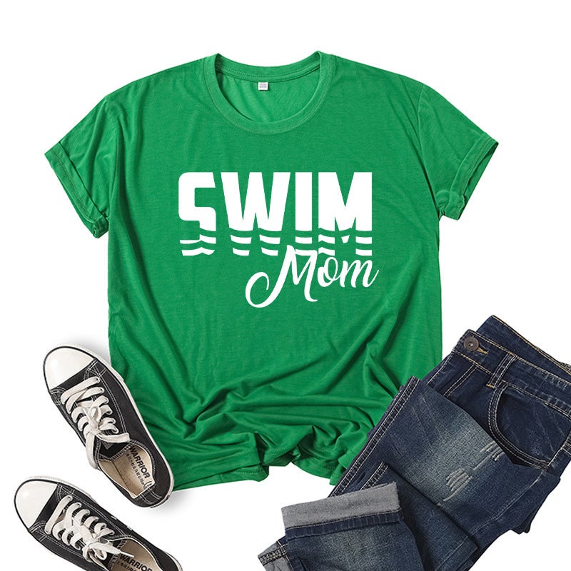 Foreign Trade Cross-border Swimming Mom Swim Mom Printed Short-sleeved Round Neck T-shirt European and American Mens and Womens Top Loose Casual Green 