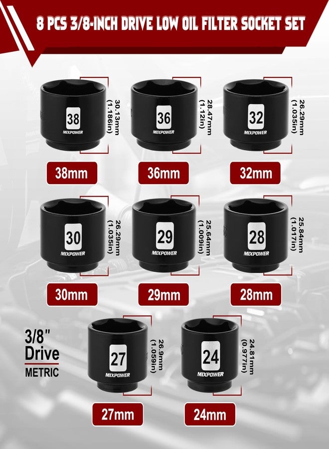 MIXPOWER 8 Pieces 3/8" Drive Low Profile Oil Filter Socket Set, 24mm, 27mm, 28mm, 29mm, 30mm, 32mm, 36mm, 38mm, Oil Filter Cap Remover and Installer Tool Set - Image 2