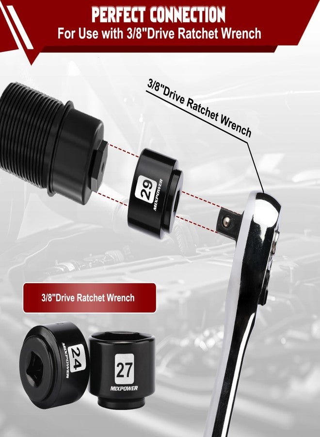 MIXPOWER 8 Pieces 3/8" Drive Low Profile Oil Filter Socket Set, 24mm, 27mm, 28mm, 29mm, 30mm, 32mm, 36mm, 38mm, Oil Filter Cap Remover and Installer Tool Set - Image 5