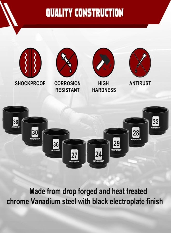 MIXPOWER 8 Pieces 3/8" Drive Low Profile Oil Filter Socket Set, 24mm, 27mm, 28mm, 29mm, 30mm, 32mm, 36mm, 38mm, Oil Filter Cap Remover and Installer Tool Set - Image 3
