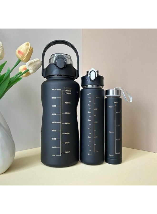 3*1 Water Bottle with Straw, BPA Free, for Beverage, Sports Motivational Signs and Sayings, (2L + 900ml + 300ml), 3 Pieces (Black) - Image 1