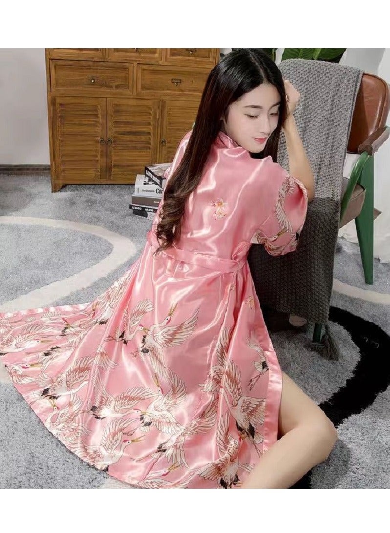 Women Kimono Robe Dressing Gown Crane and Blossoms Sleep Lounge Night Wear 