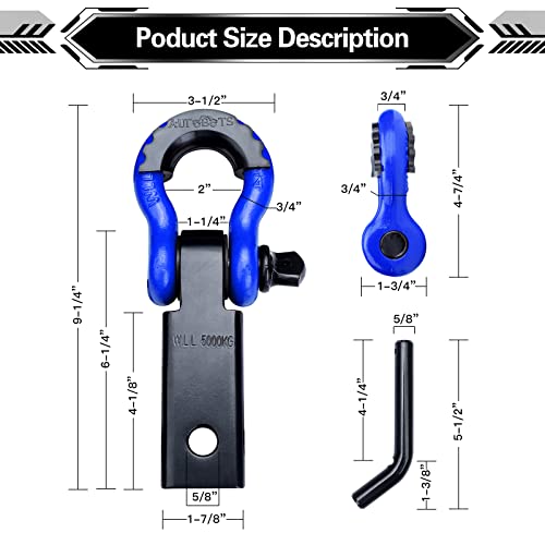 AUTOBOTS Shackle Hitch Receiver 2", 45,000 Lbs Break Strength Heavy Duty Receiver with 5/8" Screw Pin, 3/4" D Ring Shackles, Towing Accessories for Vehicle Recovery Off-Road, Blue&Black - Image 3