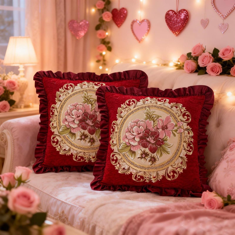 Qupace Set of 2 Red Throw Pillow Covers 18x18in,Red Vintage Pillows Covers for Sofa Couch Pillows for Living Room Floral Embroidered Cushion Cover for Bed Chairs Car - Image 1
