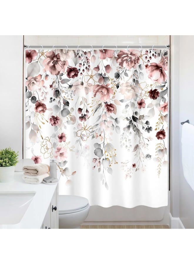 Ufeela Floral Flower Shower Curtain 72Wx72L Inch Grey Pink Floral Blossom Leaves Girls Watercolor Eucalyptus Botanical Wildflower Plant Bathroom Set Rustic Bath Curtain Bathtub Accessories Home Decor - Image 4
