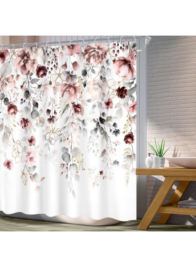 Ufeela Floral Flower Shower Curtain 72Wx72L Inch Grey Pink Floral Blossom Leaves Girls Watercolor Eucalyptus Botanical Wildflower Plant Bathroom Set Rustic Bath Curtain Bathtub Accessories Home Decor - Image 3