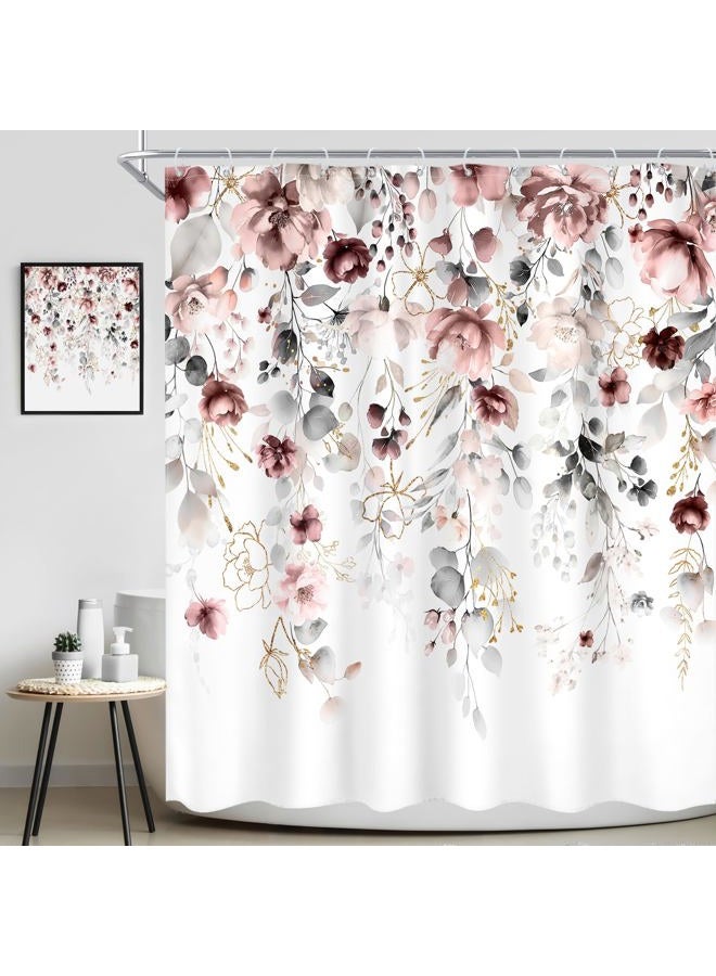 Ufeela Floral Flower Shower Curtain 72Wx72L Inch Grey Pink Floral Blossom Leaves Girls Watercolor Eucalyptus Botanical Wildflower Plant Bathroom Set Rustic Bath Curtain Bathtub Accessories Home Decor - Image 2