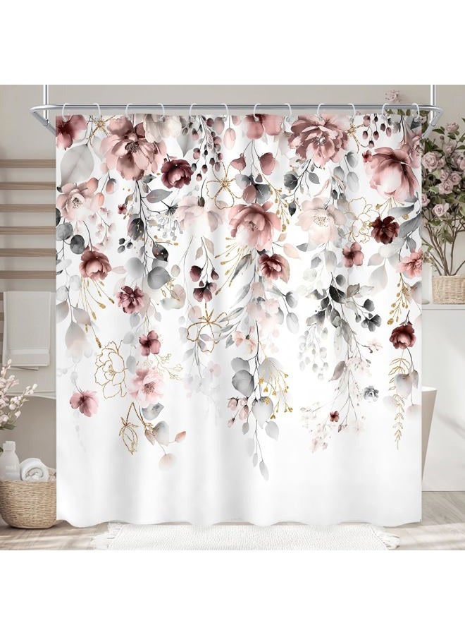 Ufeela Floral Flower Shower Curtain 72Wx72L Inch Grey Pink Floral Blossom Leaves Girls Watercolor Eucalyptus Botanical Wildflower Plant Bathroom Set Rustic Bath Curtain Bathtub Accessories Home Decor - Image 1