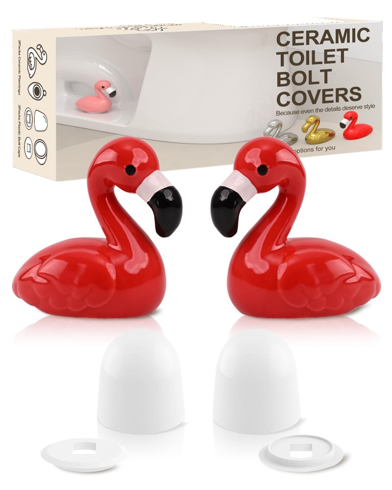 boeemi Flamingo Toilet Bolt Covers Decorative - 2PCs Cute Ceramic Toilet Bolt Caps for Bottom of Toilet, Red Bathroom Christmas Decor Screw Covers, Flamingo-Gifts for Women - Image 1