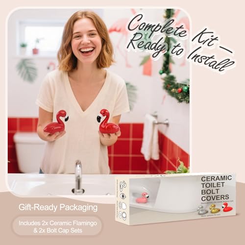 boeemi Flamingo Toilet Bolt Covers Decorative - 2PCs Cute Ceramic Toilet Bolt Caps for Bottom of Toilet, Red Bathroom Christmas Decor Screw Covers, Flamingo-Gifts for Women - Image 2
