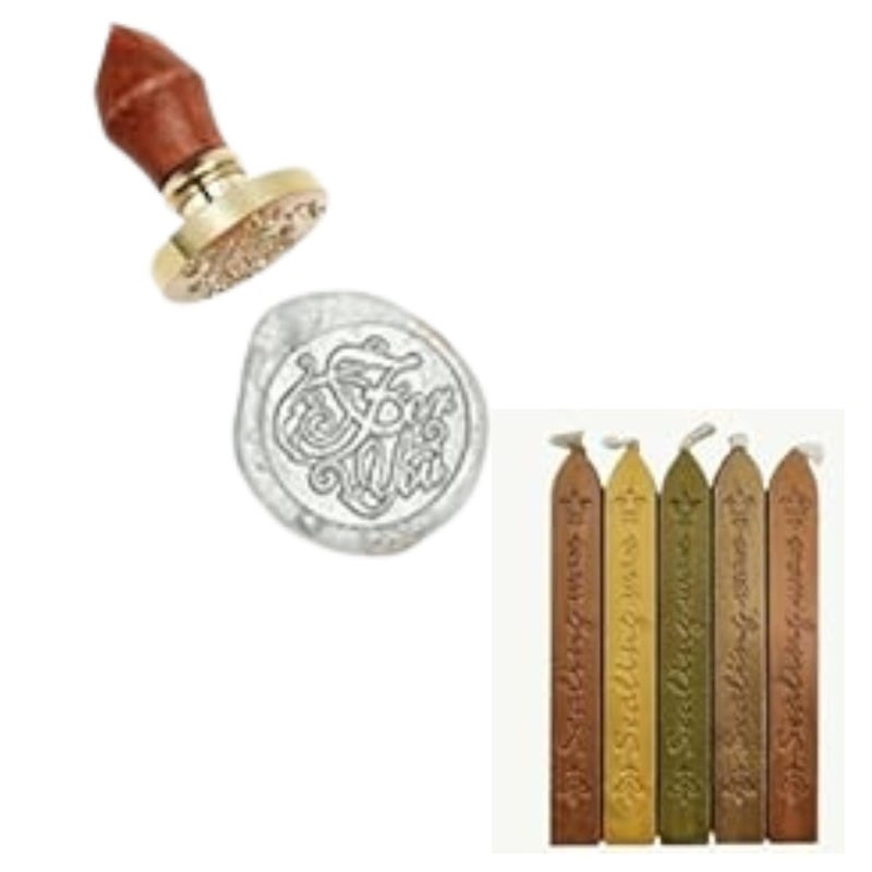The Art Box Wax Brass Seal Stamp with Wooden Handle with 5 assorted colored wax sticks FOR YOU
