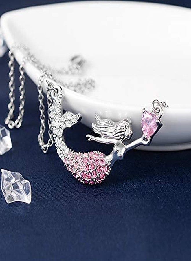 El Regalo Fairy-tale Pink Crystal Silver Tone Necklace for Girls and Teens | Mermaid Pendant Necklace for Kids/Girls/Teens (Pink Mermaid with Heart) - Image 2