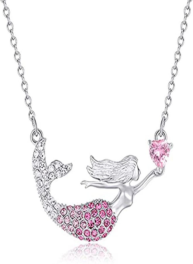 El Regalo Fairy-tale Pink Crystal Silver Tone Necklace for Girls and Teens | Mermaid Pendant Necklace for Kids/Girls/Teens (Pink Mermaid with Heart) - Image 1