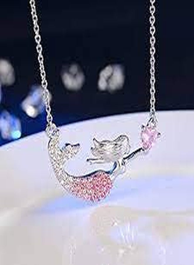 El Regalo Fairy-tale Pink Crystal Silver Tone Necklace for Girls and Teens | Mermaid Pendant Necklace for Kids/Girls/Teens (Pink Mermaid with Heart) - Image 3