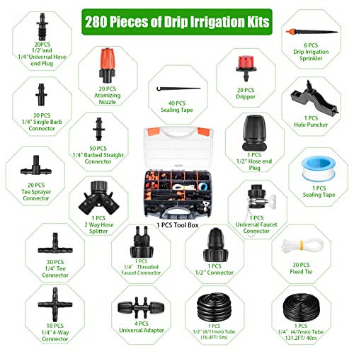 CESTAME 280 Pcs Drip Irrigation Kit, 147FT Garden Watering System 1/2 1/4 in Distribution Tubing Hose Automatic Patio Misting System Micro Automatic Drip Irrigation for Plant Garden Greenhouse Patio Lawn - Image 2