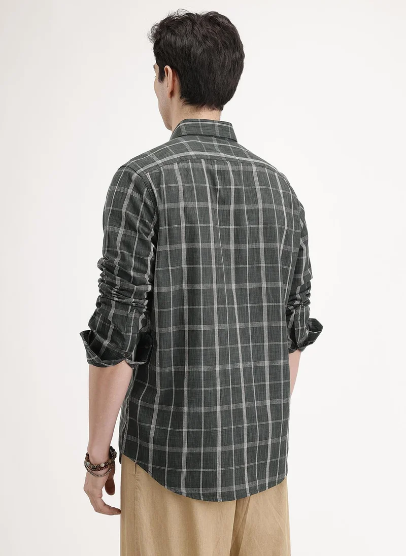 Wrogn Slim Fit Checkered Linen Blend Shirt | Green