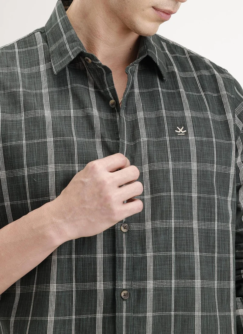 Wrogn Slim Fit Checkered Linen Blend Shirt | Green
