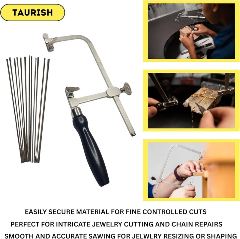 TAURISH 3-in-1 Professional Jeweler's Saw Kit - Adjustable Saw Frame, 144 Blades (Sizes 1/0-2), and V-Slot Wooden Bench Pin with Clamp - Jewelry Making, Wood, Metal and Craft Cutting Tool Set - Image 5
