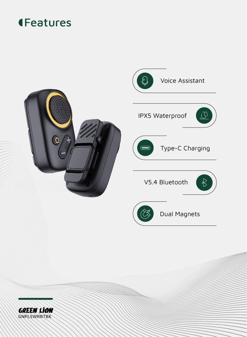 جرين ليون مكبر صوت Pulse Wear / مكبر صوت بلوتوث يمكن ارتداؤه مع ميكروفون مدمج / مساعد صوتي / مشبك مغناطيسي / مغناطيس مزدوج / مشبك زنبركي / مكبر صوت صغير الحجم / بدون استخدام اليدين / قوي ومتين - أسود - Image 3