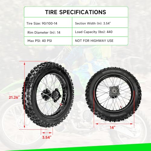 XIKOBY 14" Rear Wheel 90/100-14 3.00-14 Dirt Bike Tire Rim Assembly Compatible with SSR Apollo 150cc 140cc 125cc CR80R CR85R CRF80F CRF125F DB17 KX85 KLX125 TTR125 Off Road Motocross Part - Image 4
