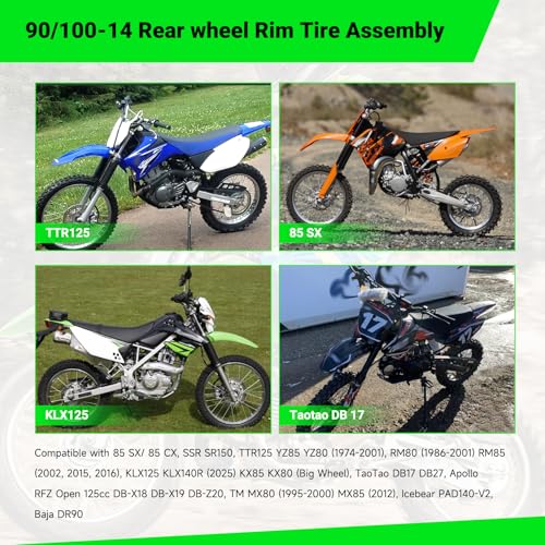 XIKOBY 14" Rear Wheel 90/100-14 3.00-14 Dirt Bike Tire Rim Assembly Compatible with SSR Apollo 150cc 140cc 125cc CR80R CR85R CRF80F CRF125F DB17 KX85 KLX125 TTR125 Off Road Motocross Part - Image 2
