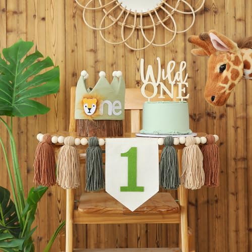 HODIHIWI Wild One 1st Highchair Banner Wood Bead Tassel Garland Lion Crown Hat Wooden Cake Topper Birthday Party Decorations - Image 3