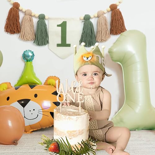HODIHIWI Wild One 1st Highchair Banner Wood Bead Tassel Garland Lion Crown Hat Wooden Cake Topper Birthday Party Decorations - Image 5