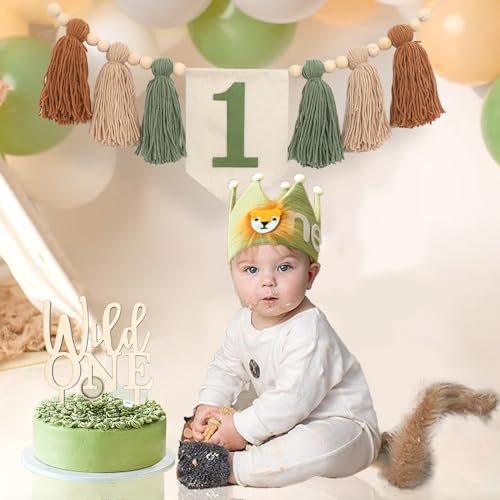 HODIHIWI Wild One 1st Highchair Banner Wood Bead Tassel Garland Lion Crown Hat Wooden Cake Topper Birthday Party Decorations - Image 4