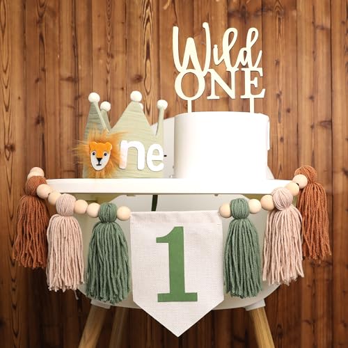 HODIHIWI Wild One 1st Highchair Banner Wood Bead Tassel Garland Lion Crown Hat Wooden Cake Topper Birthday Party Decorations - Image 1