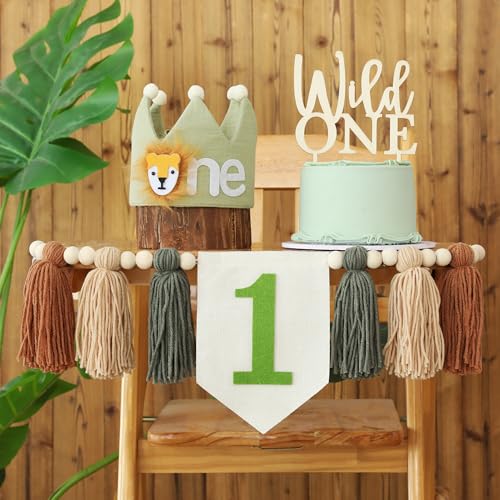 HODIHIWI Wild One 1st Highchair Banner Wood Bead Tassel Garland Lion Crown Hat Wooden Cake Topper Birthday Party Decorations - Image 2