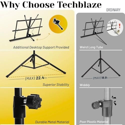 TECHBLAZE Adjustable Notation Stand Strong Body and Lightweight Orchestral Folding Music Stand Holder with Music Sheet Clip Holder and Carrying Bag Tripod Base for Books, Notes, Lyrics - Image 5