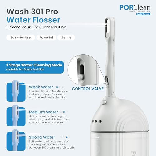 PORClean WASH301 PRO Electric Water Flosser for Teeth | 120 PSI Deep Cleaning, 3 Modes with 9 Adjustable Pressure Dental Flosser | 180ml Tank, 5 Tips | Oral Irrigator for Braces, Implants & Gum Care - Image 3