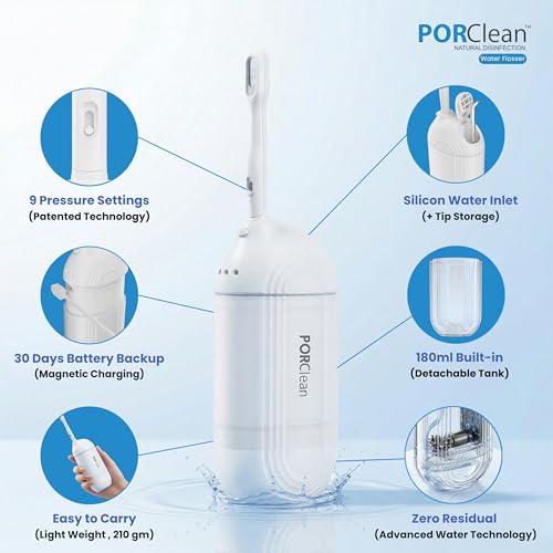 PORClean WASH301 PRO Electric Water Flosser for Teeth | 120 PSI Deep Cleaning, 3 Modes with 9 Adjustable Pressure Dental Flosser | 180ml Tank, 5 Tips | Oral Irrigator for Braces, Implants & Gum Care - Image 2