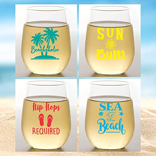 Set of 4 Designer COASTAL Shatterproof Plastic 16 oz Stemless Wine Glass BEACH