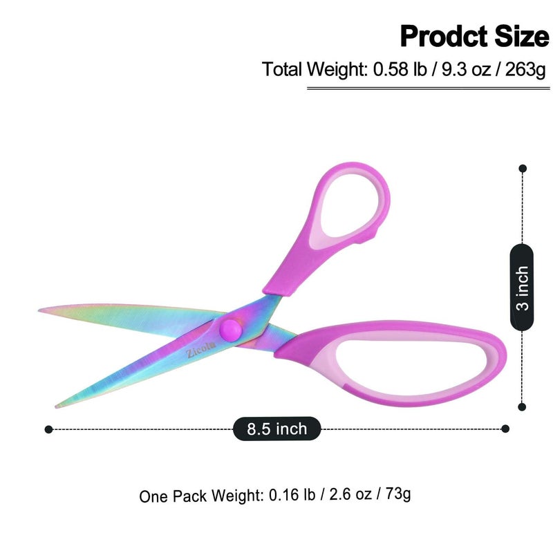 Zicolu 8.5" Scissors All Purpose, Multipurpose Office Scissors Set of 3 Pack, Titanium Coating Sharp Blade, Soft Comfort-Grip, Ideal for Fabric, School, Home, Craft & Sewing, Right/Left Handed, Purple - Image 4