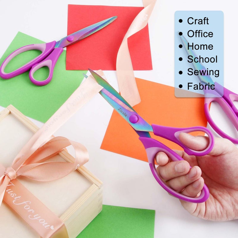 Zicolu 8.5" Scissors All Purpose, Multipurpose Office Scissors Set of 3 Pack, Titanium Coating Sharp Blade, Soft Comfort-Grip, Ideal for Fabric, School, Home, Craft & Sewing, Right/Left Handed, Purple - Image 2