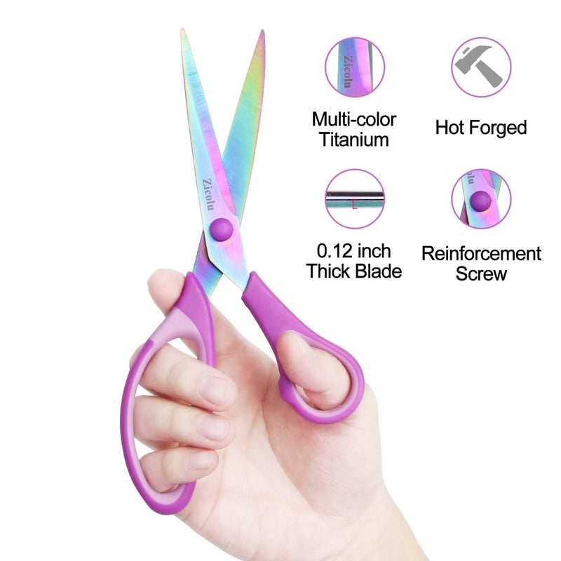 Zicolu 8.5" Scissors All Purpose, Multipurpose Office Scissors Set of 3 Pack, Titanium Coating Sharp Blade, Soft Comfort-Grip, Ideal for Fabric, School, Home, Craft & Sewing, Right/Left Handed, Purple - Image 3