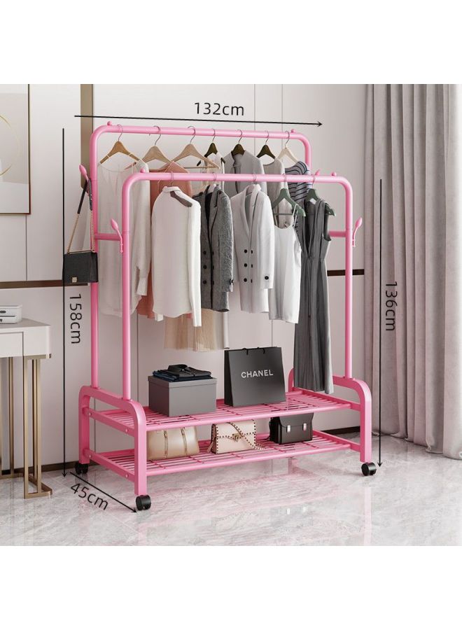 Bold Hanger Floor Drying Rack Household Indoor Folding Vertical Clothes Shelf Simple Wardrobe Storage-Color:Recommended  Pink Double Rod Double Layer + Wheels 1.3m  - Image 1