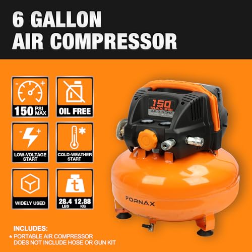 FORNAX Pancake Air Compressor with two couplers, 6 Gallon Portable Electric air compressor, 150 PSI, Oil -Free with 14 PCS Air Compressor Accessories Kit (Kits) - Image 3