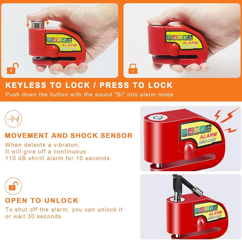 Mathtoxyz Motorcycle Alarm Disc Brake Lock, Motorcycle Locks Anti Theft Security Wheel Disc Lock Waterproof 110dB Alarm Sound with 5ft Reminder Cable Keys and Carry Pouch for Motorbike Bike Scooter - Image 4
