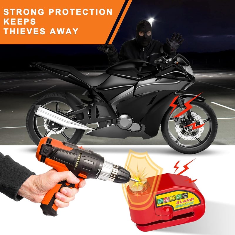 Mathtoxyz Motorcycle Alarm Disc Brake Lock, Motorcycle Locks Anti Theft Security Wheel Disc Lock Waterproof 110dB Alarm Sound with 5ft Reminder Cable Keys and Carry Pouch for Motorbike Bike Scooter - Image 2